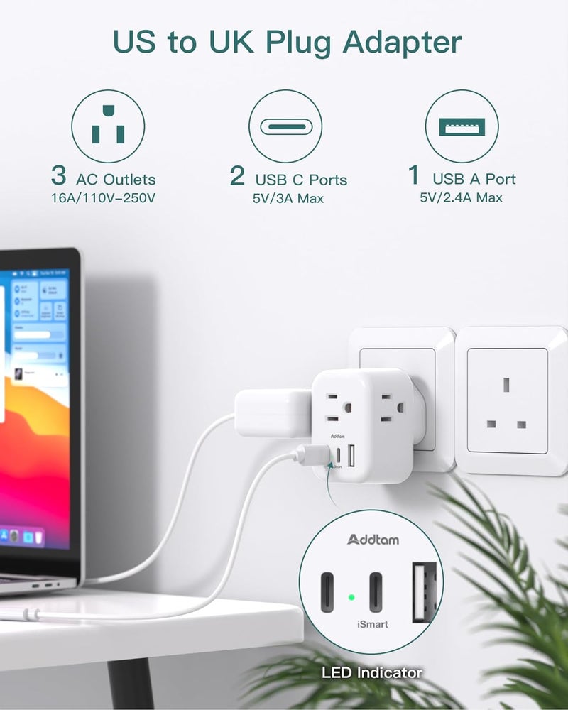 Addtam US to UK Plug Adapter 3 Pack, Type G Travel Plug with 3 Outlets 3 USB Ports(2 USB C), UK Power Adaptor for USA to England London British Ireland Scotland Dubai Hong Kong Kenya - Image 2